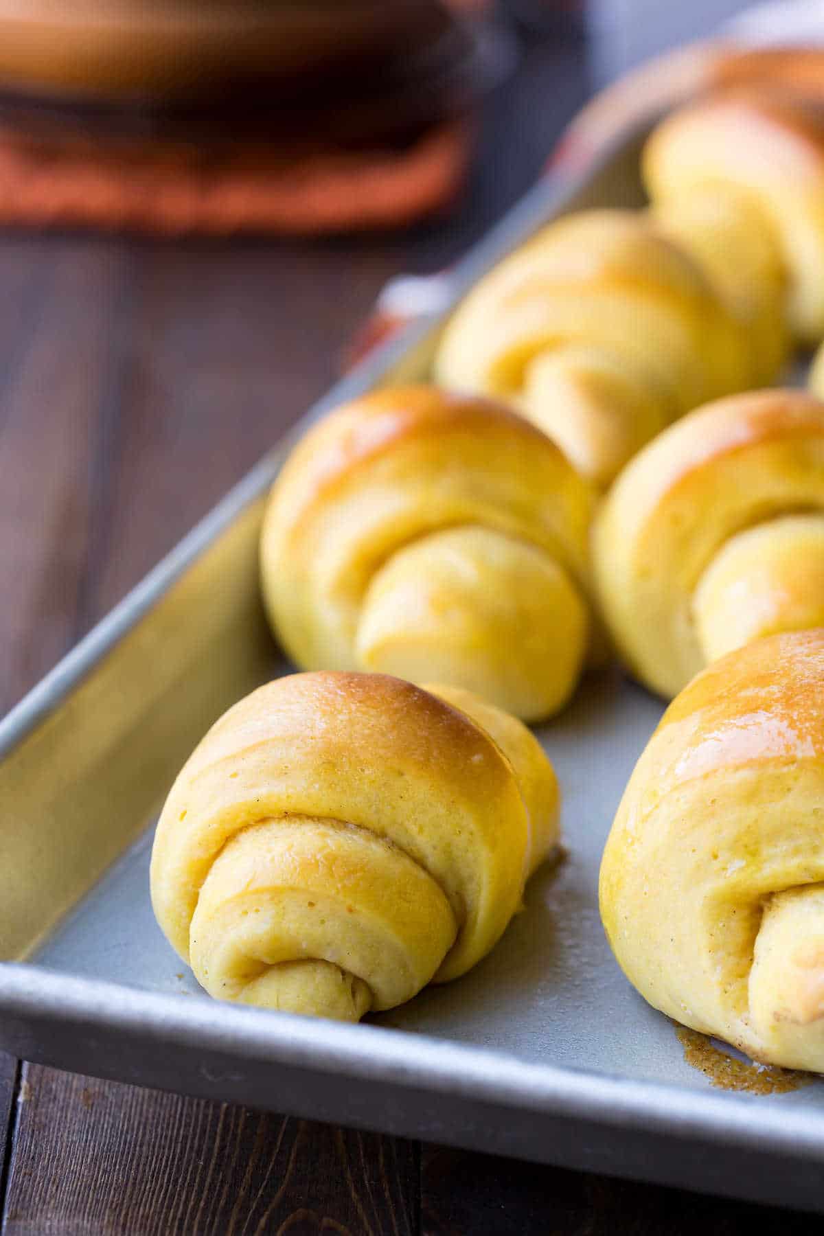 Tray of pumpkin crescent rolls on a wooden background. 