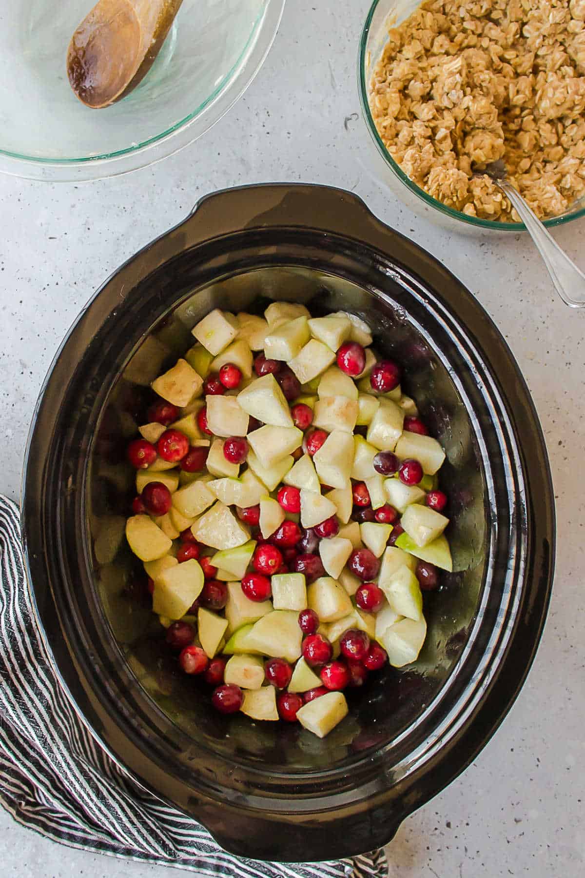 Cranberry apple filling in a slow cooker insert. 