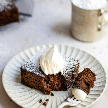 Piece of gingerbread topped with powdered sugar and whipped cream.