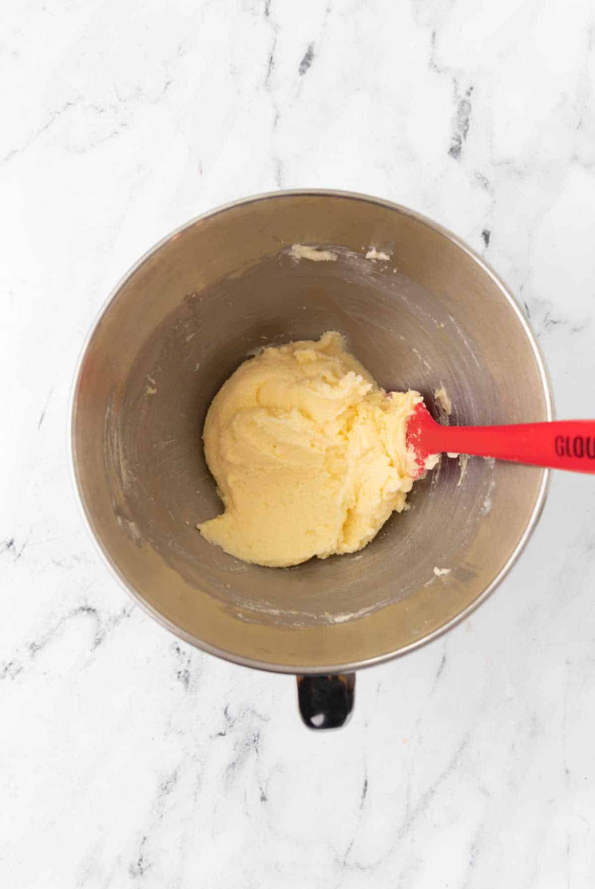 Egg and egg yolk mixed into creamed butter and sugar. 