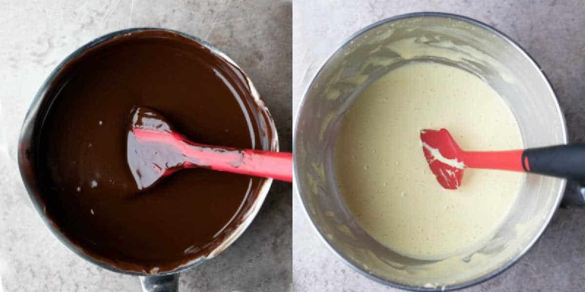 Saucepan of melted chocolate next to a bowl with whipped egg mixture.