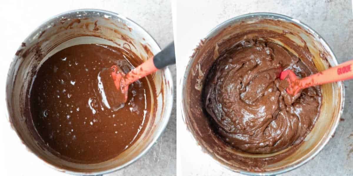 Brownie cookie batter in a silver mixing bowl.