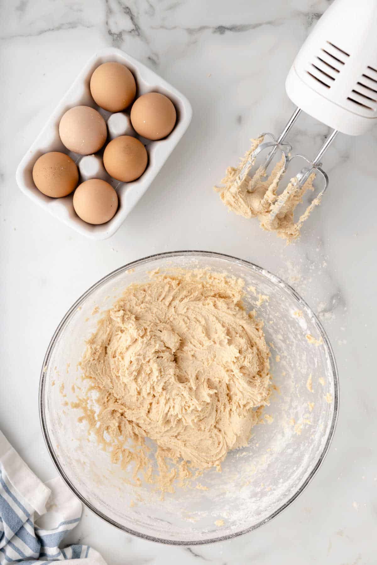 Dry ingredients mixed into creamed butter mixture. 