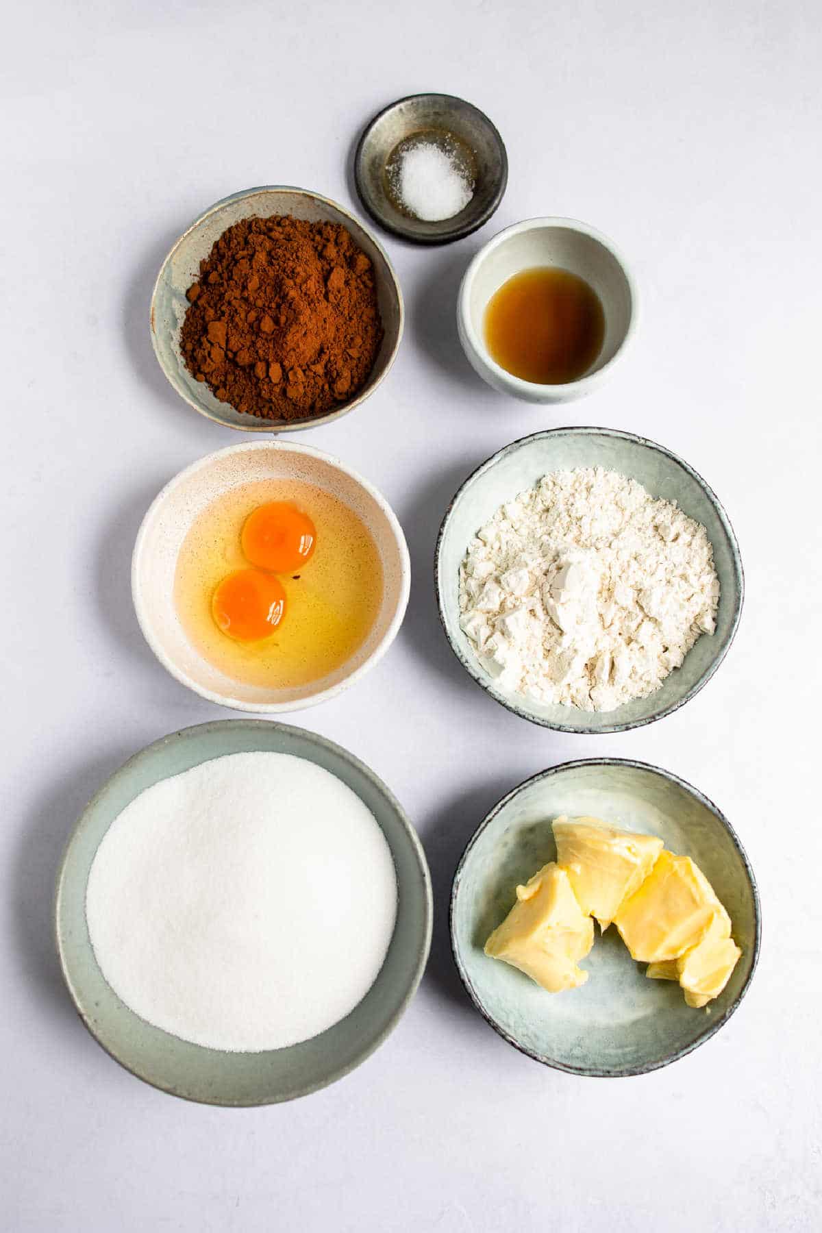 Ingredients for French silk brownies in dishes. 