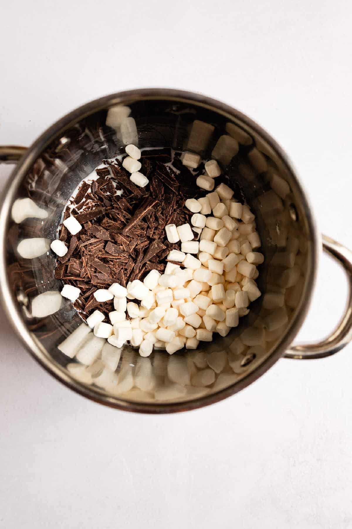 Marshmallows and chopped chocolate in a saucepan.