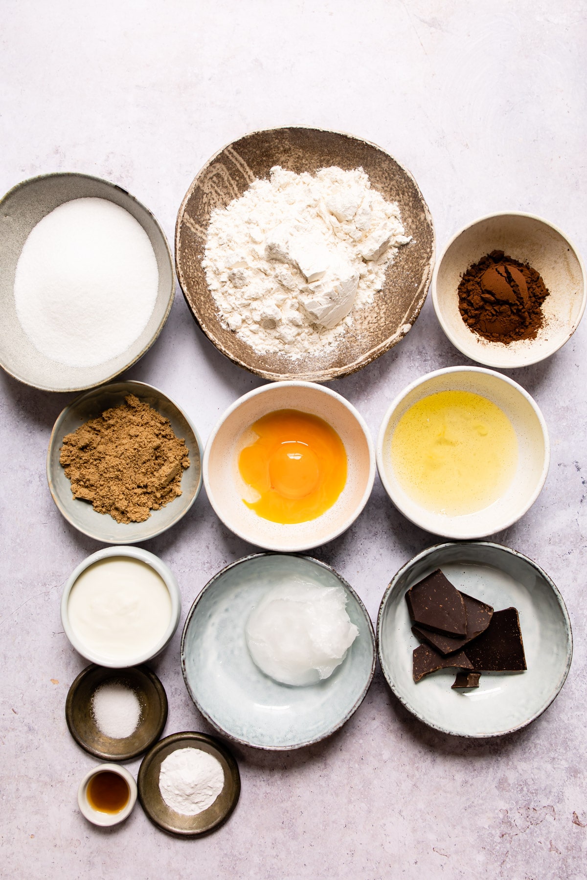 Ingredients for German chocolate cake in dishes.