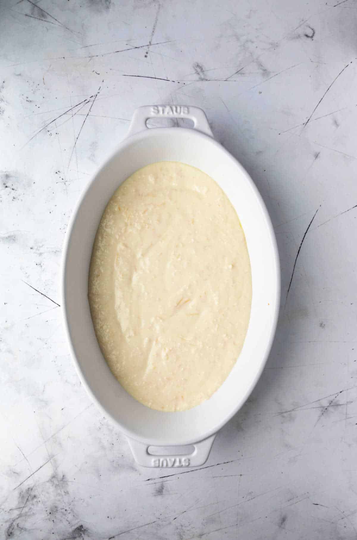 Ricotta cheese mixture in a shallow dish. 
