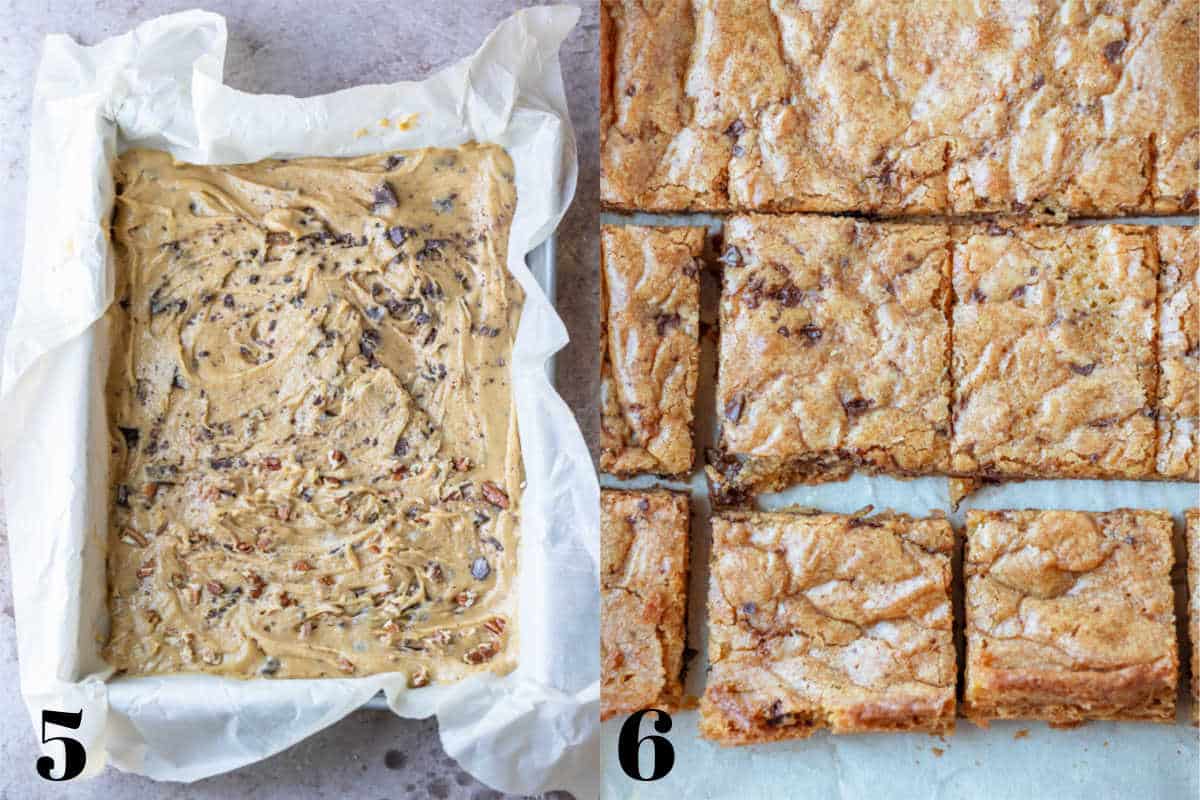 Process photos of blondie batter in a pan and baked blondies.