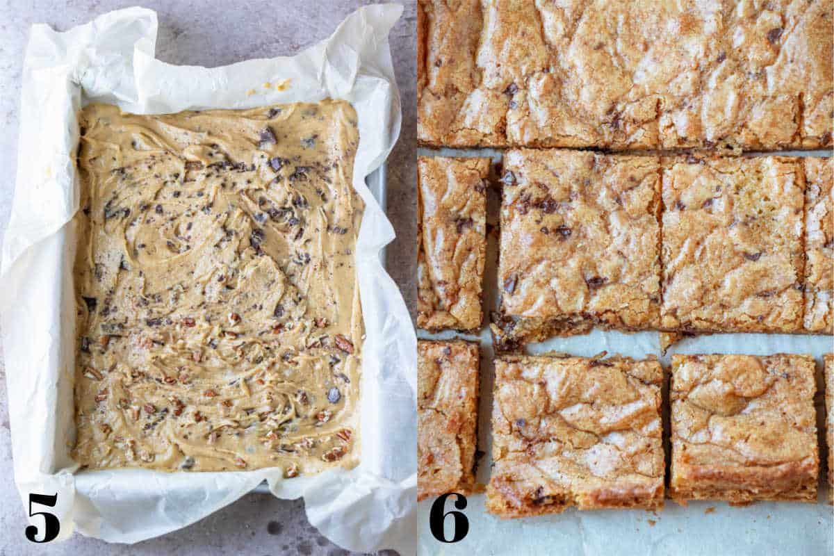 Process photos of blondie batter in a pan and baked blondies. 