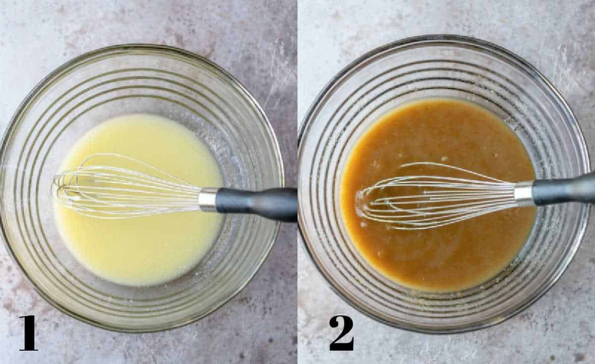 Process photos of melted butter in a bowl and brown sugar and eggs mixed into the melted butter.