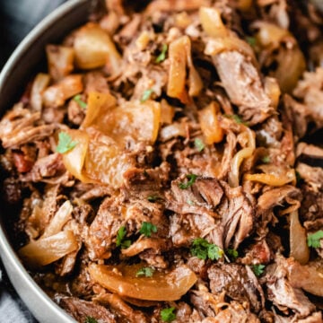 Gray bowl filled with Mexican shredded beef and onions.