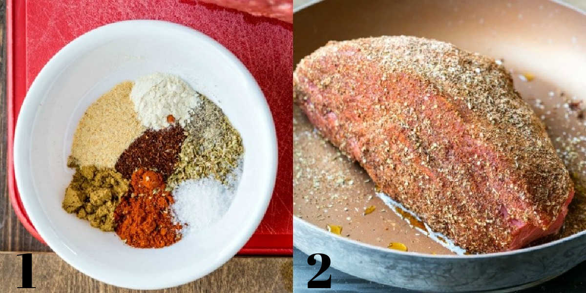 Mexican Shredded Beef Mexican shredded beef spice rub and beef in skillet.
