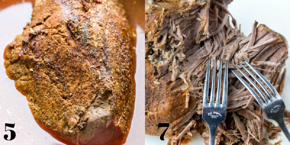 Mexican Shredded Beef Mexican beef in a crock pot and two forks shredding the beef.