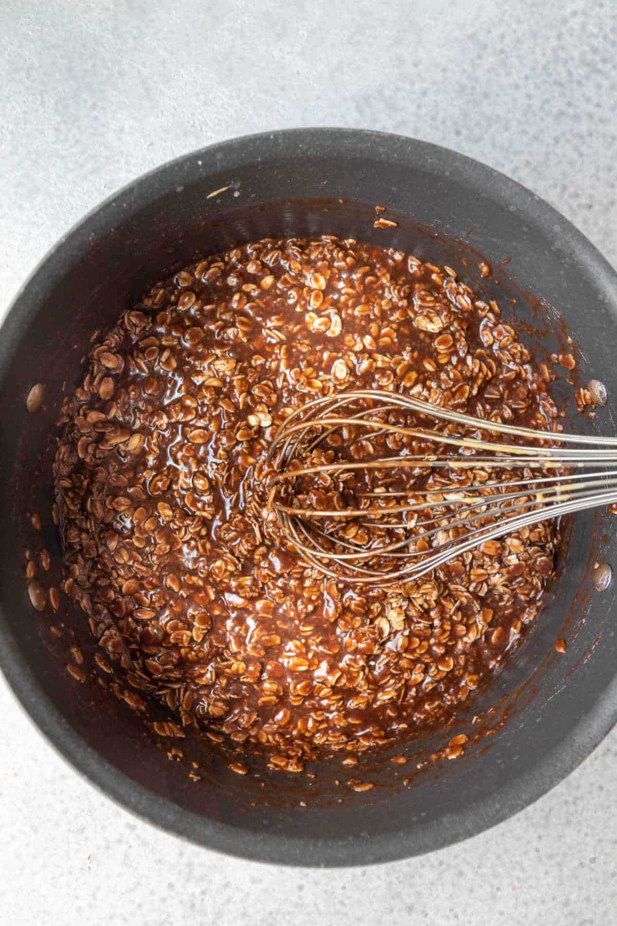 No bake cookie mixture in a saucepan. 