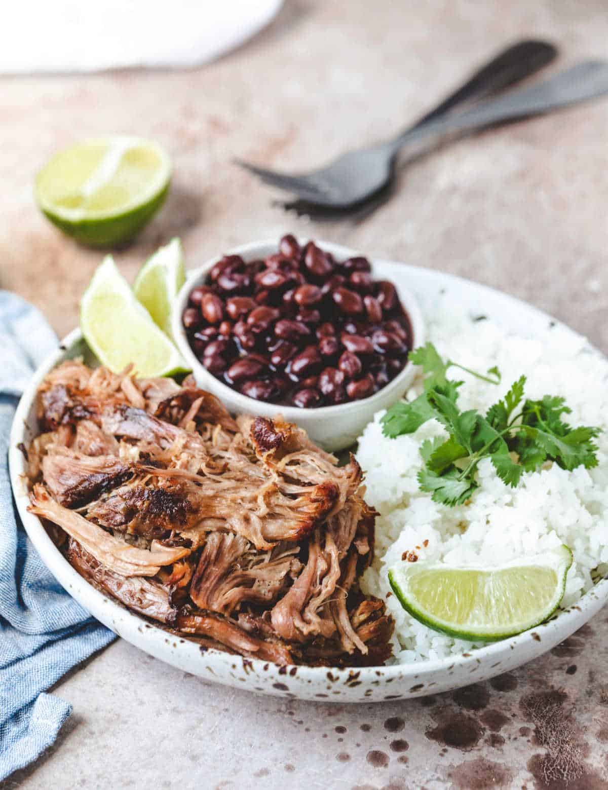 A dish of mojo pork lime slices black beans rice and cilantro. 