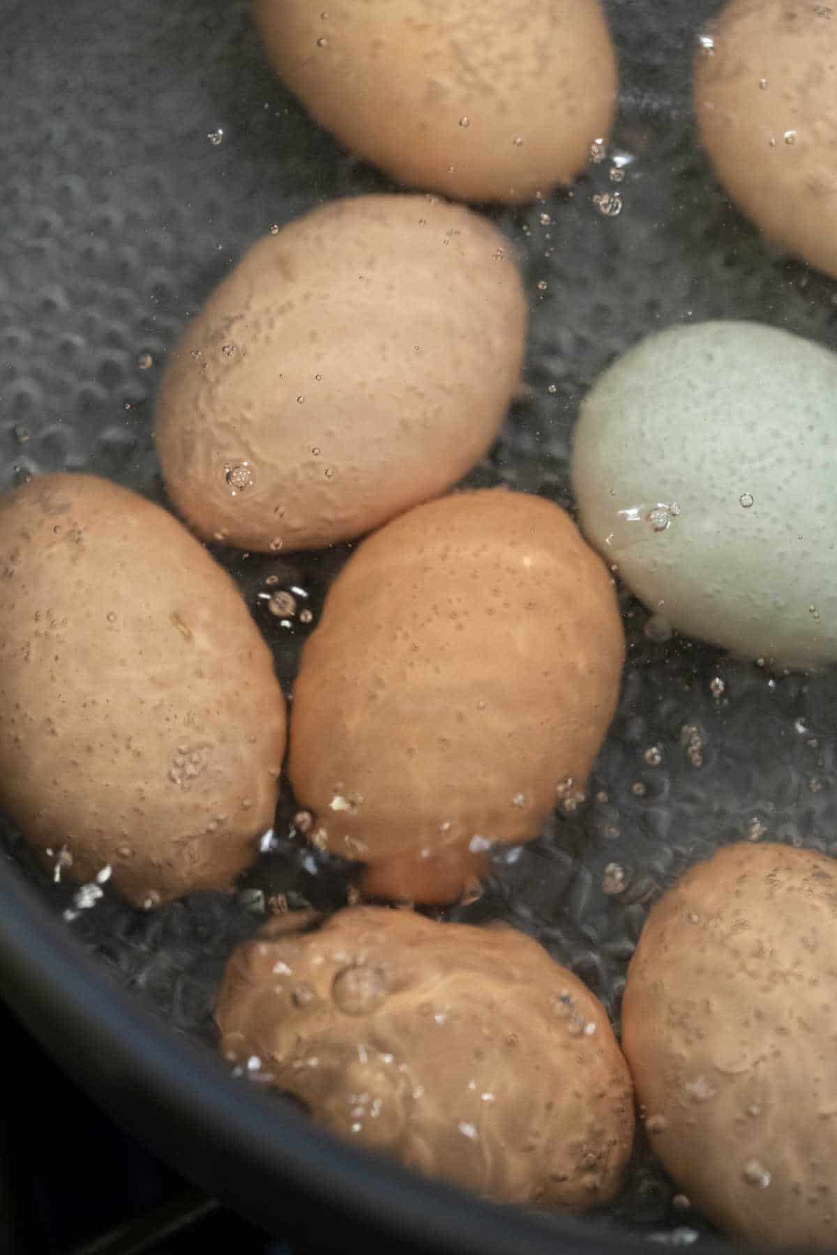 Hard Boiled Egg Recipe Eggs cooking in rapidly boiling water.