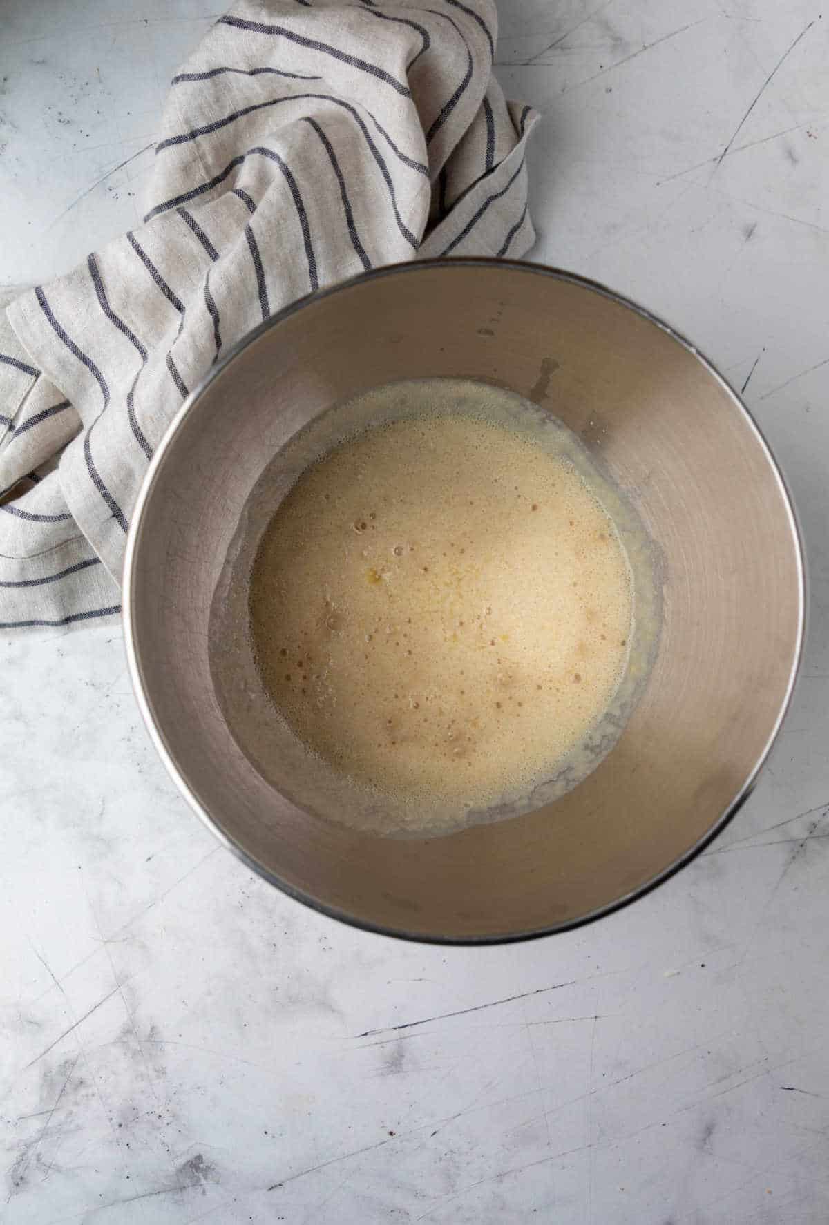 Yeast proofing in a mixing bowl. 