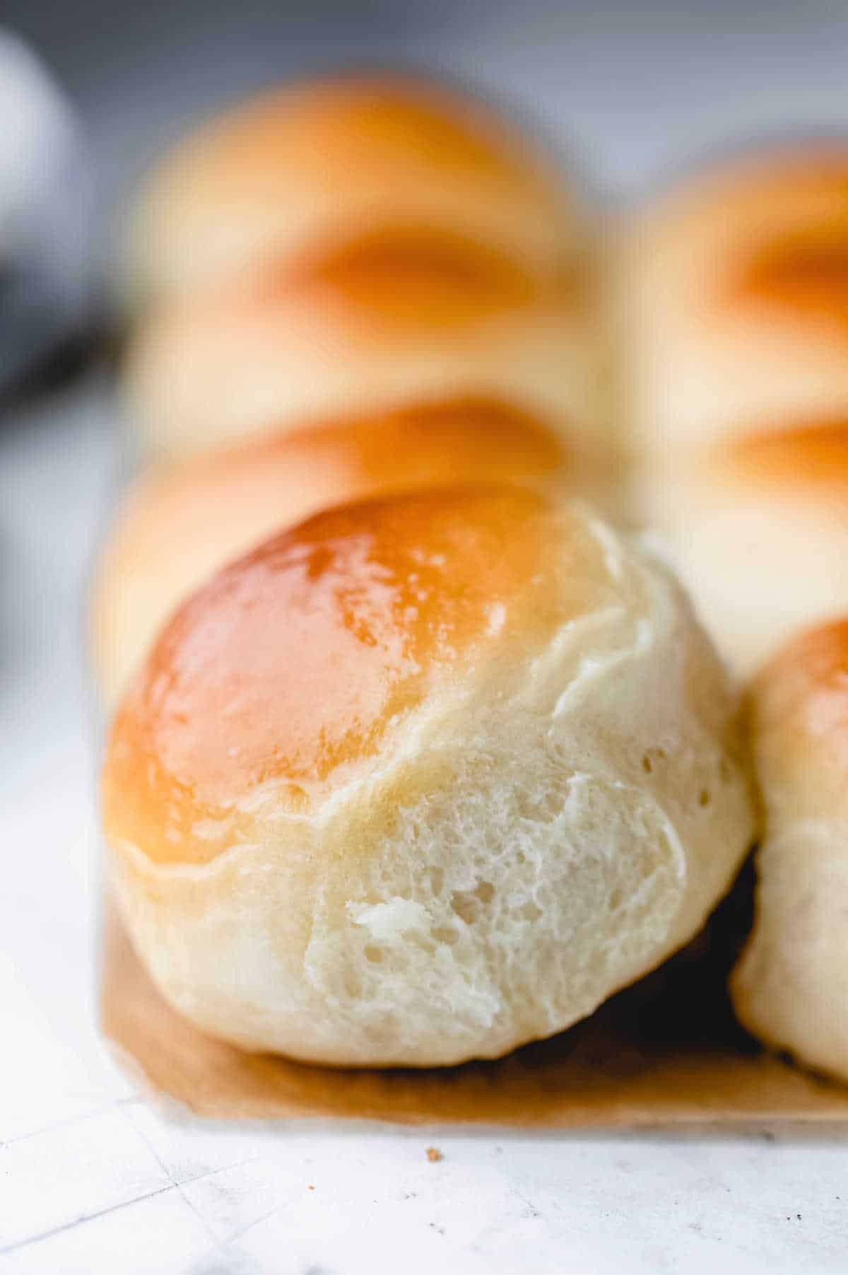 A Hawaiian sweet roll at an angle against a row of rolls. 