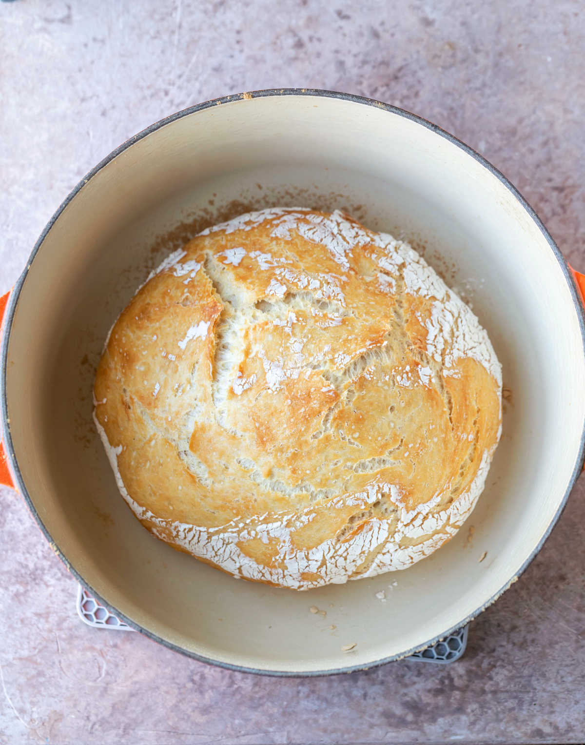 Baked no knead bread in a Dutch oven.