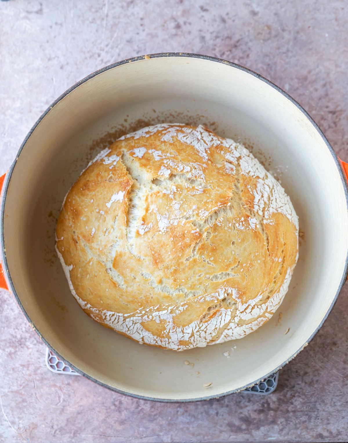 No Knead Bread Recipe Baked no knead bread in a Dutch oven.