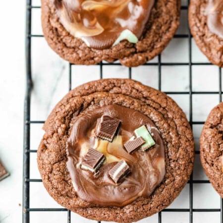 Andes mint cookies topped with chopped Andes mints.