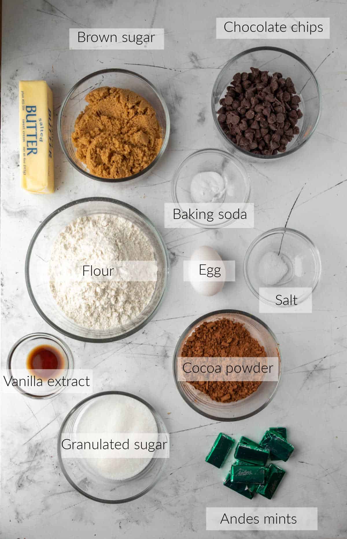 Ingredients for Andes mint cookies in dishes with labels. 