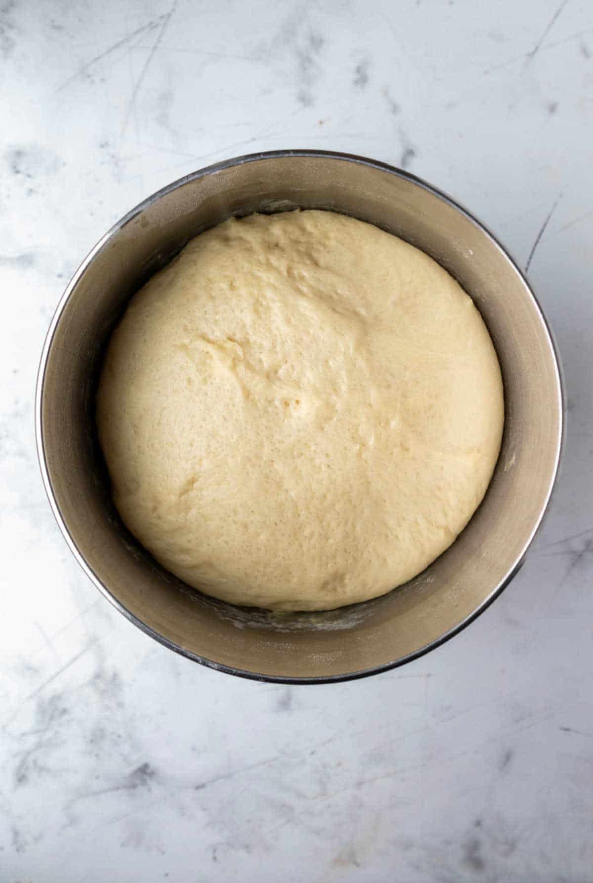 Risen dough in a mixing bowl.