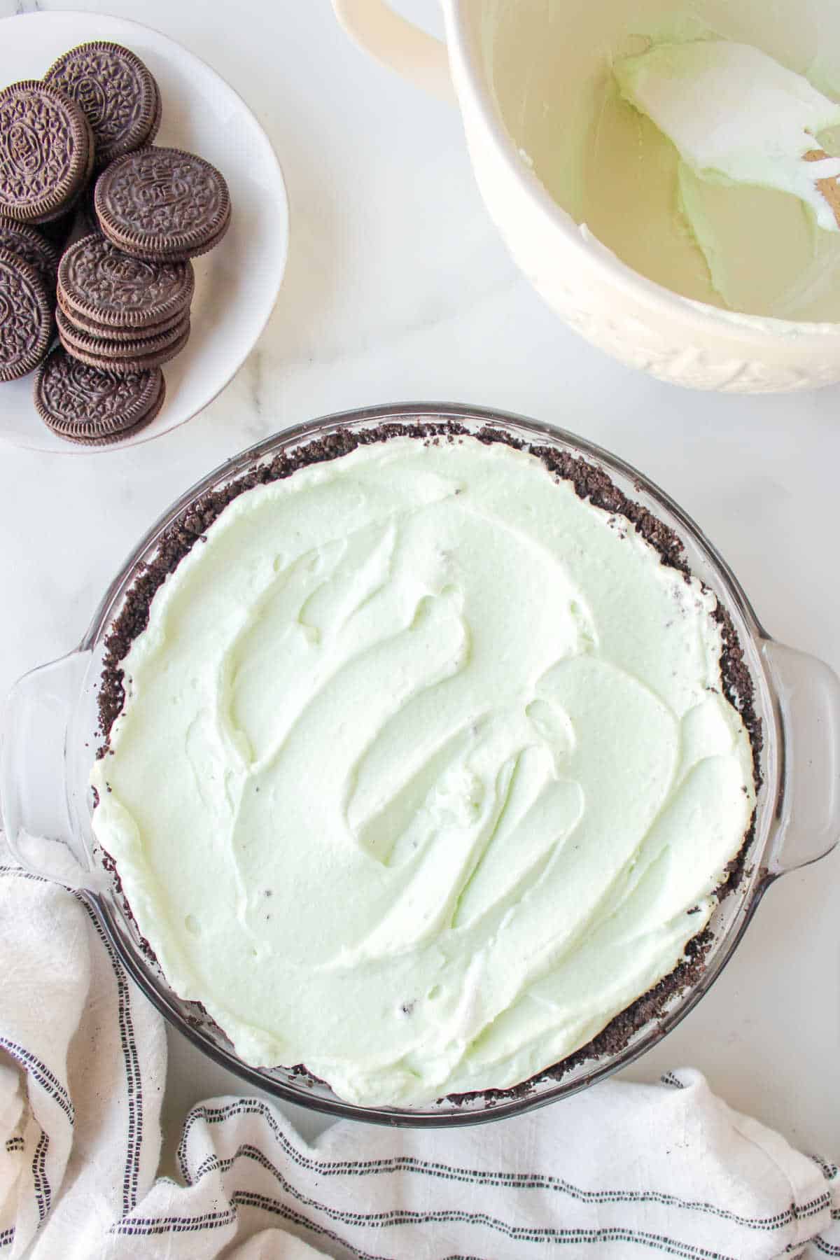 Grasshopper pie filling in an oreo cookie crust.