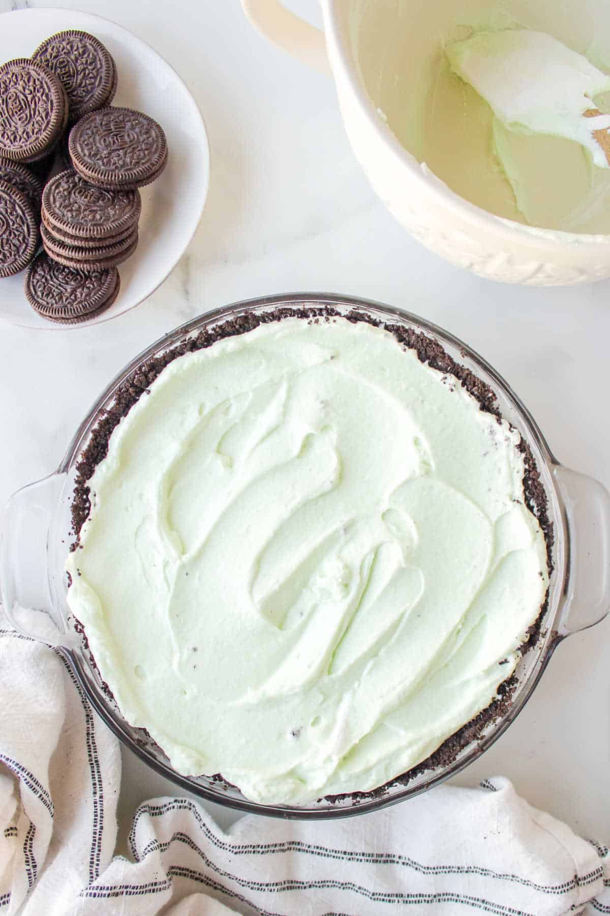 Grasshopper pie filling in an oreo cookie crust.