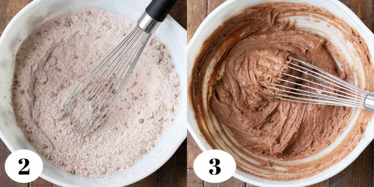 Hot fudge pudding cake batter being made in a mixing bowl.