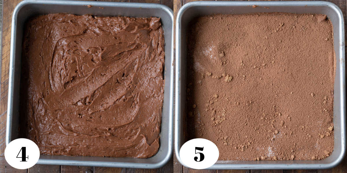 Hot fudge pudding cake batter in a square baking pan.