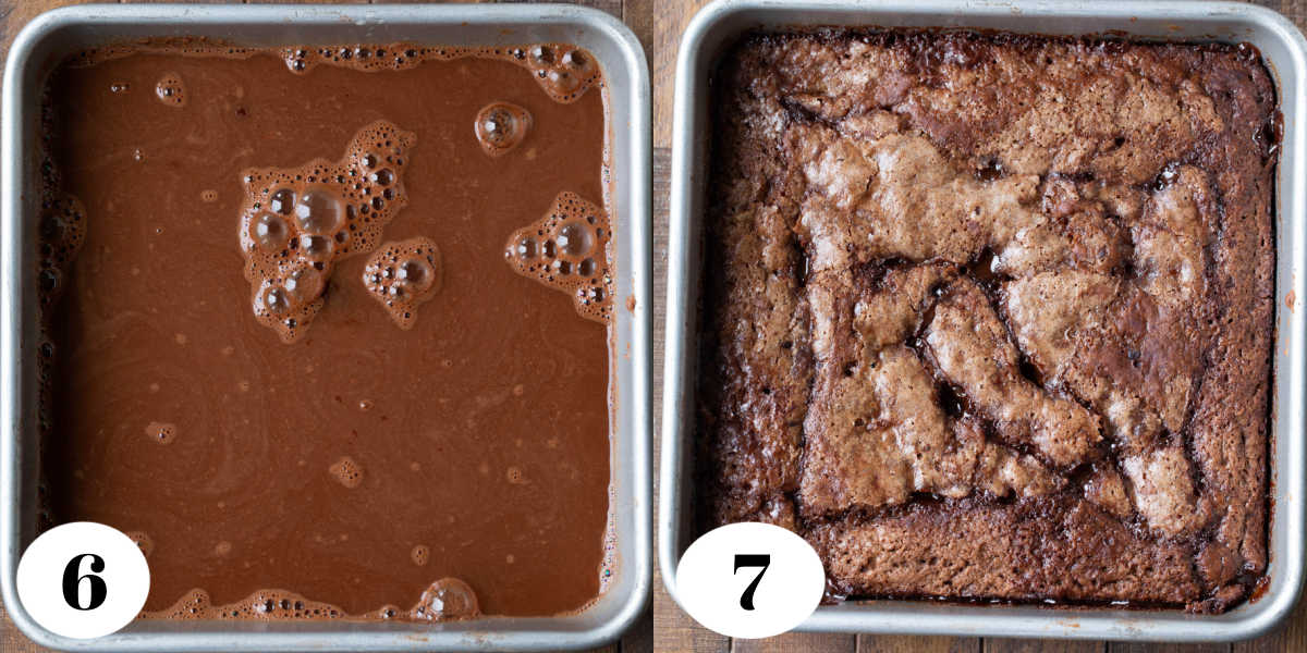 Baked and unbaked hot fudge pudding cake pictures side by side. 