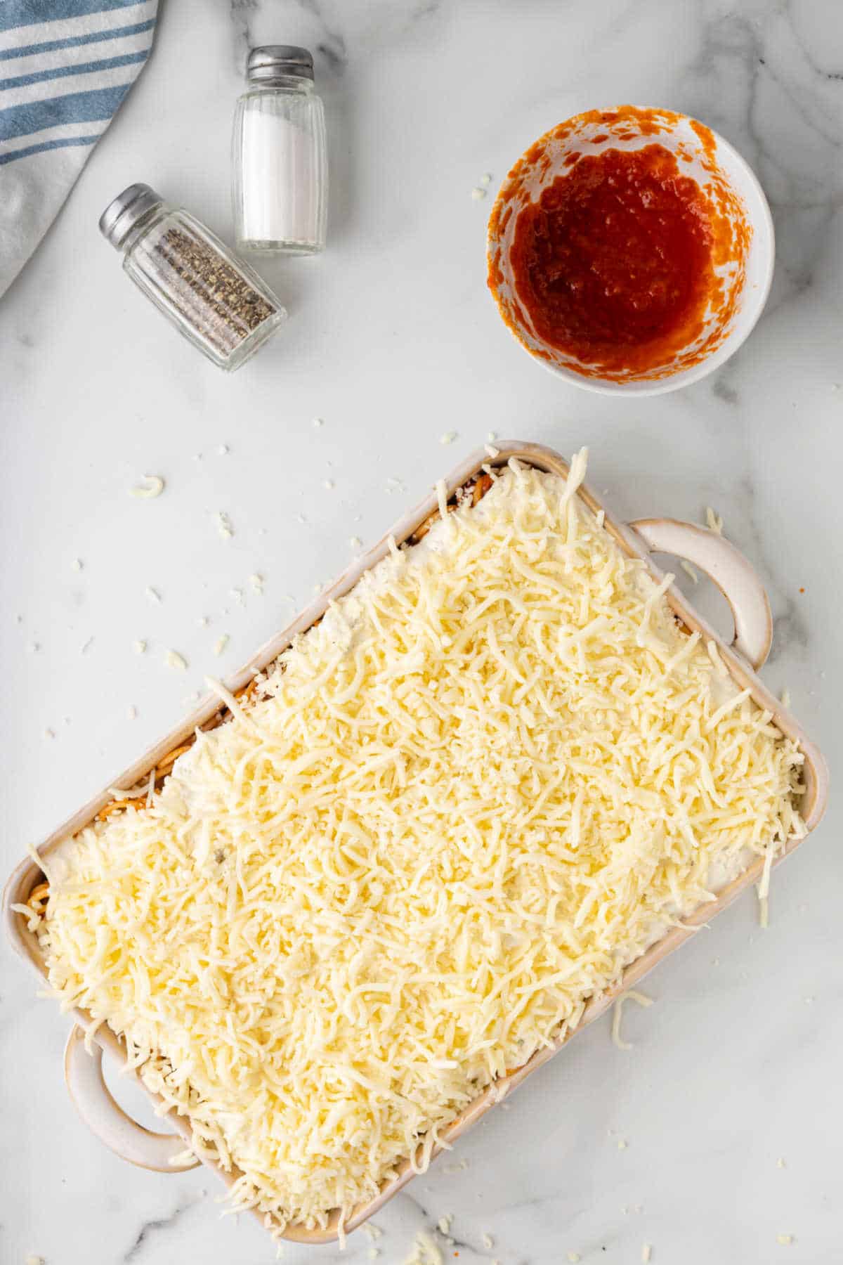Mozzarella cheese on top of a casserole.