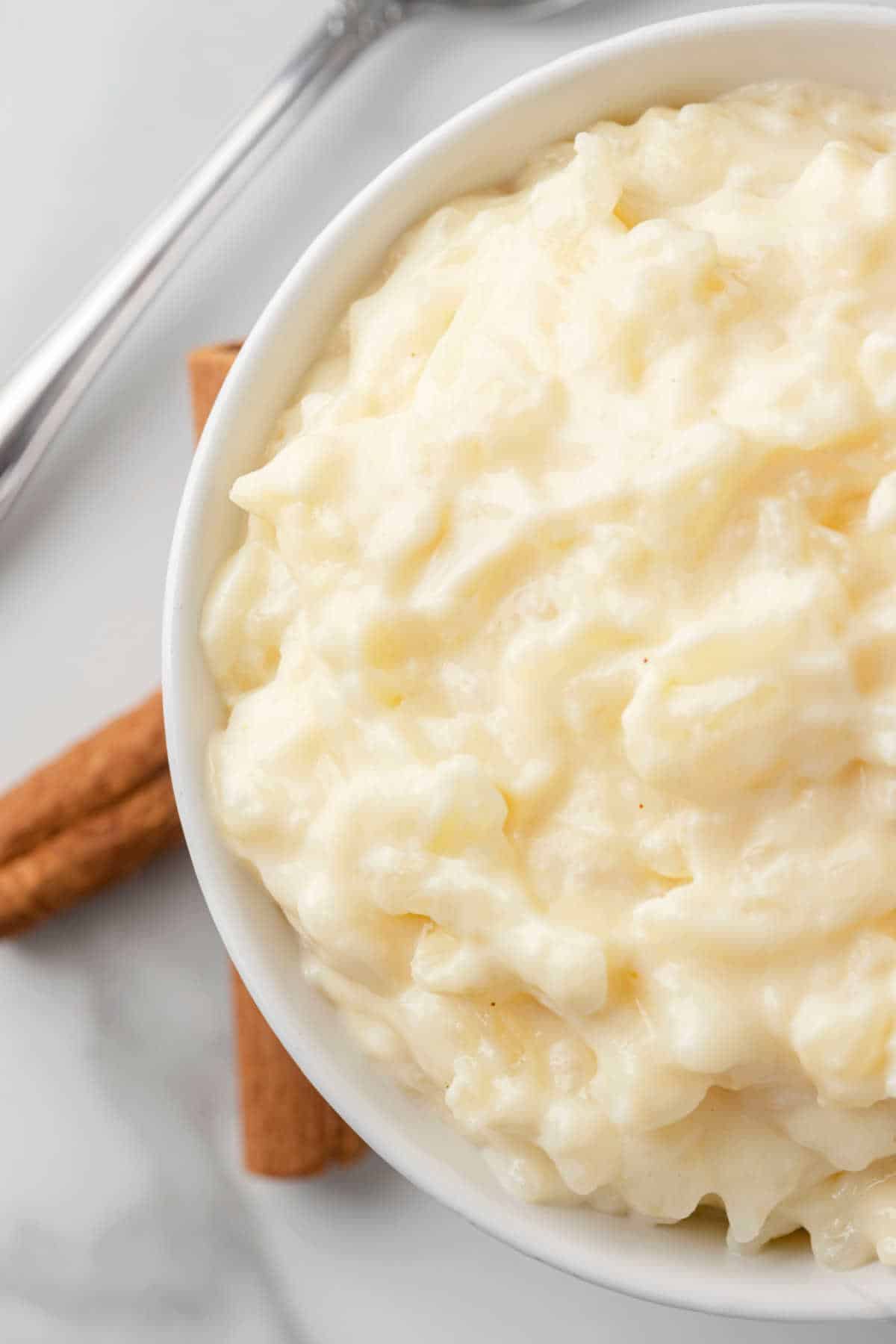 Close up photo of the top of a bowl of rice pudding.