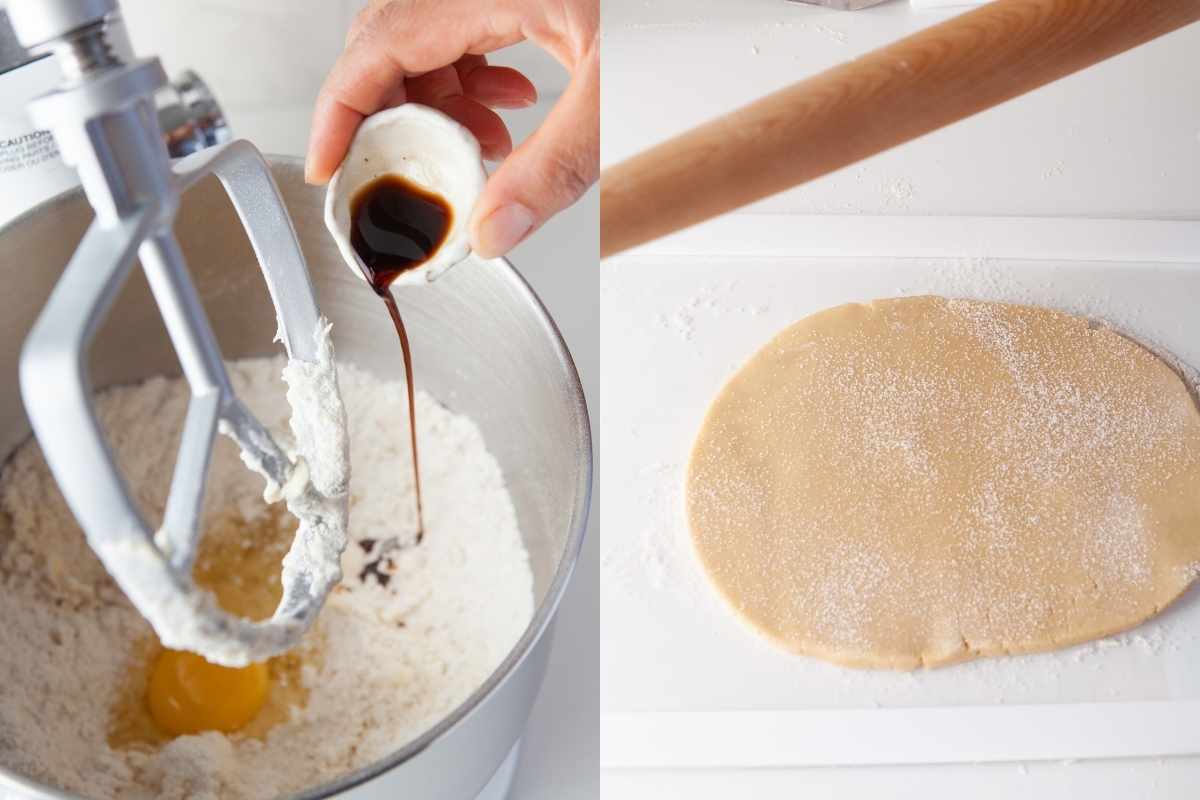 Side by side photos of an egg and vanilla in dry ingredients and rolled out dough.