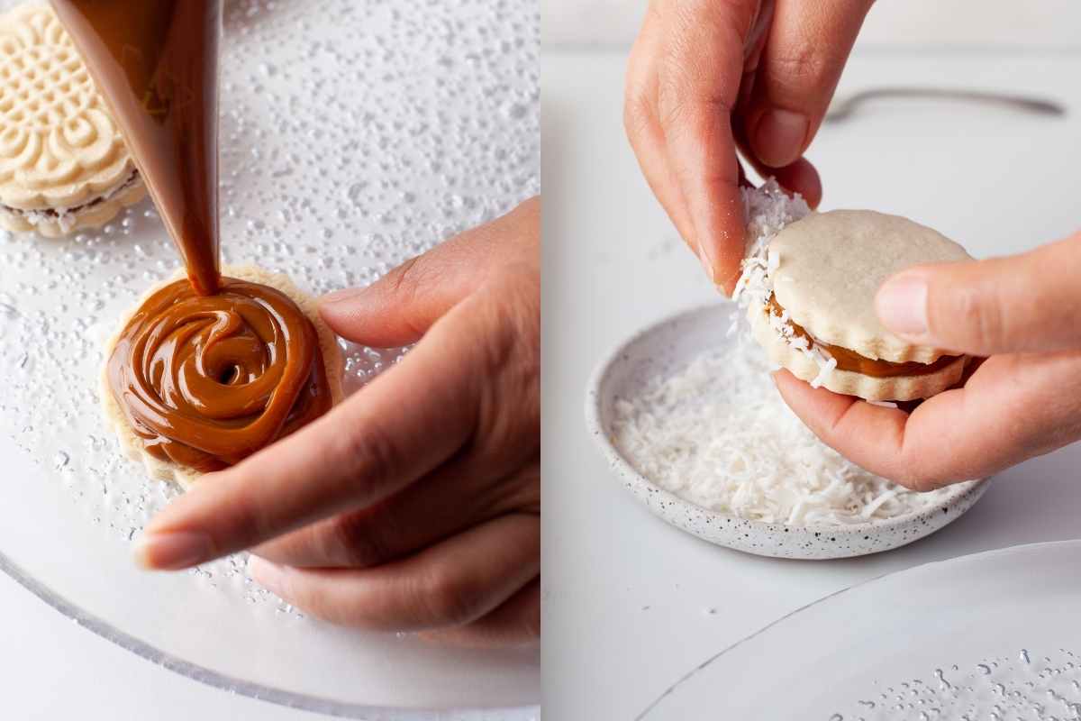 Side by side photos of piping dulce de leche onto an alfajore and coating an alfajore with coconut.