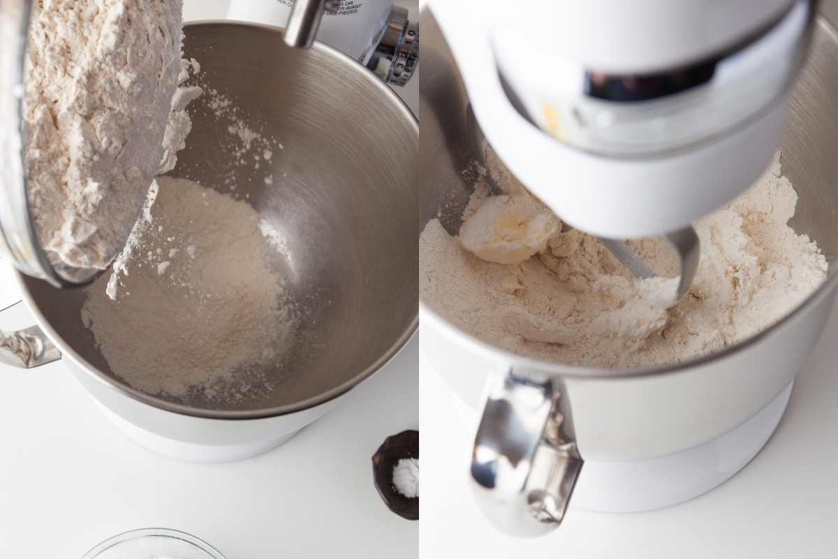 Side by side photos of dry ingredients in a mixer and butter mixing into the dry ingredients.