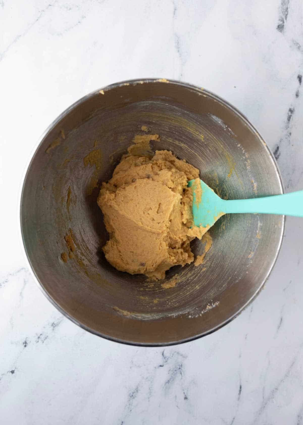 Creamed butter sugar and egg in a mixing bowl. 