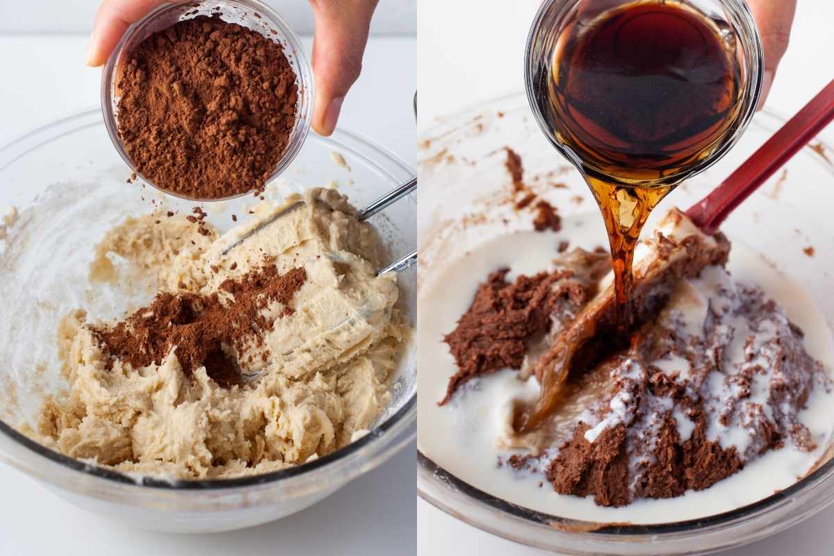 Side by side photos of dry ingredients on creamed mixture and coke pouring onto batter. 