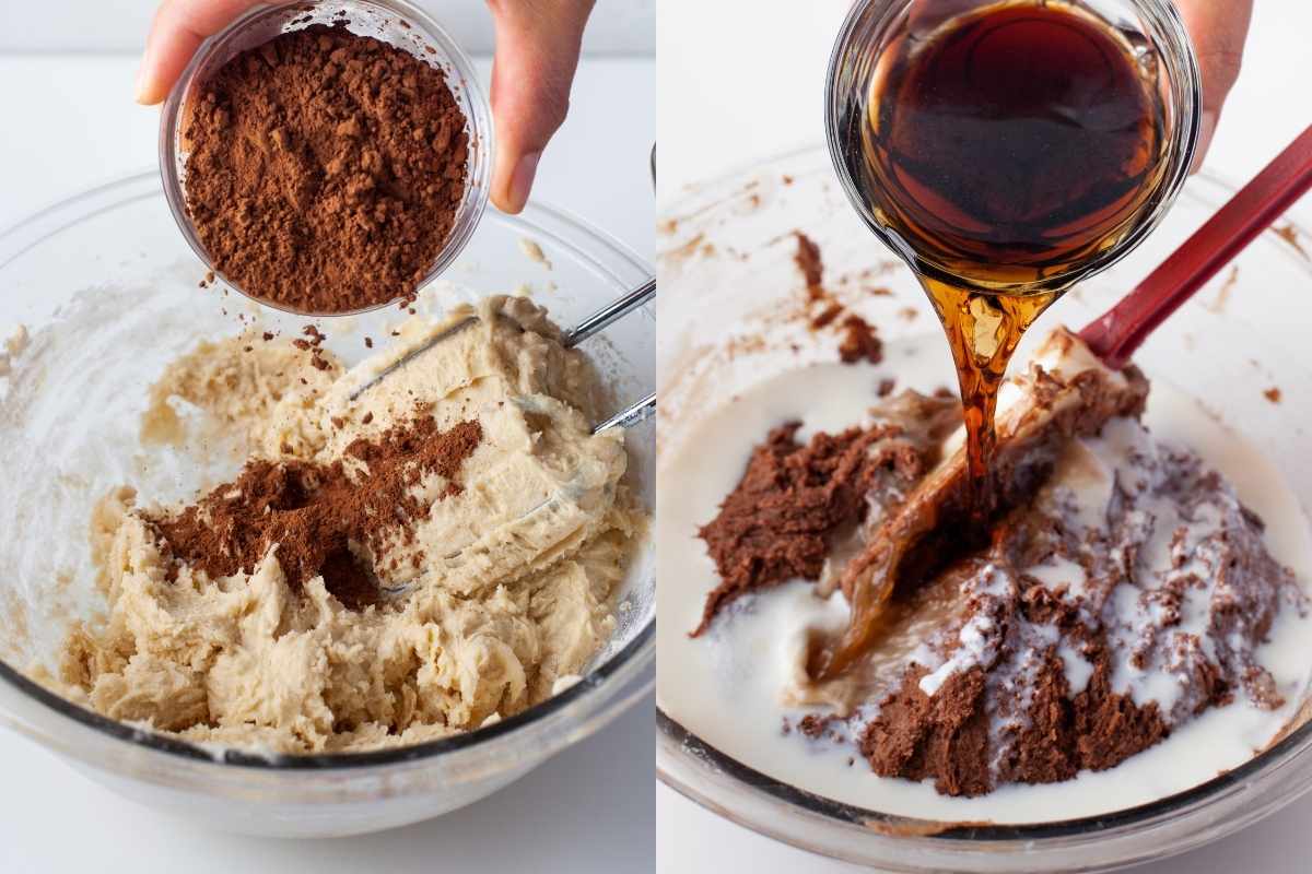 Side by side photos of dry ingredients on creamed mixture and coke pouring onto batter.