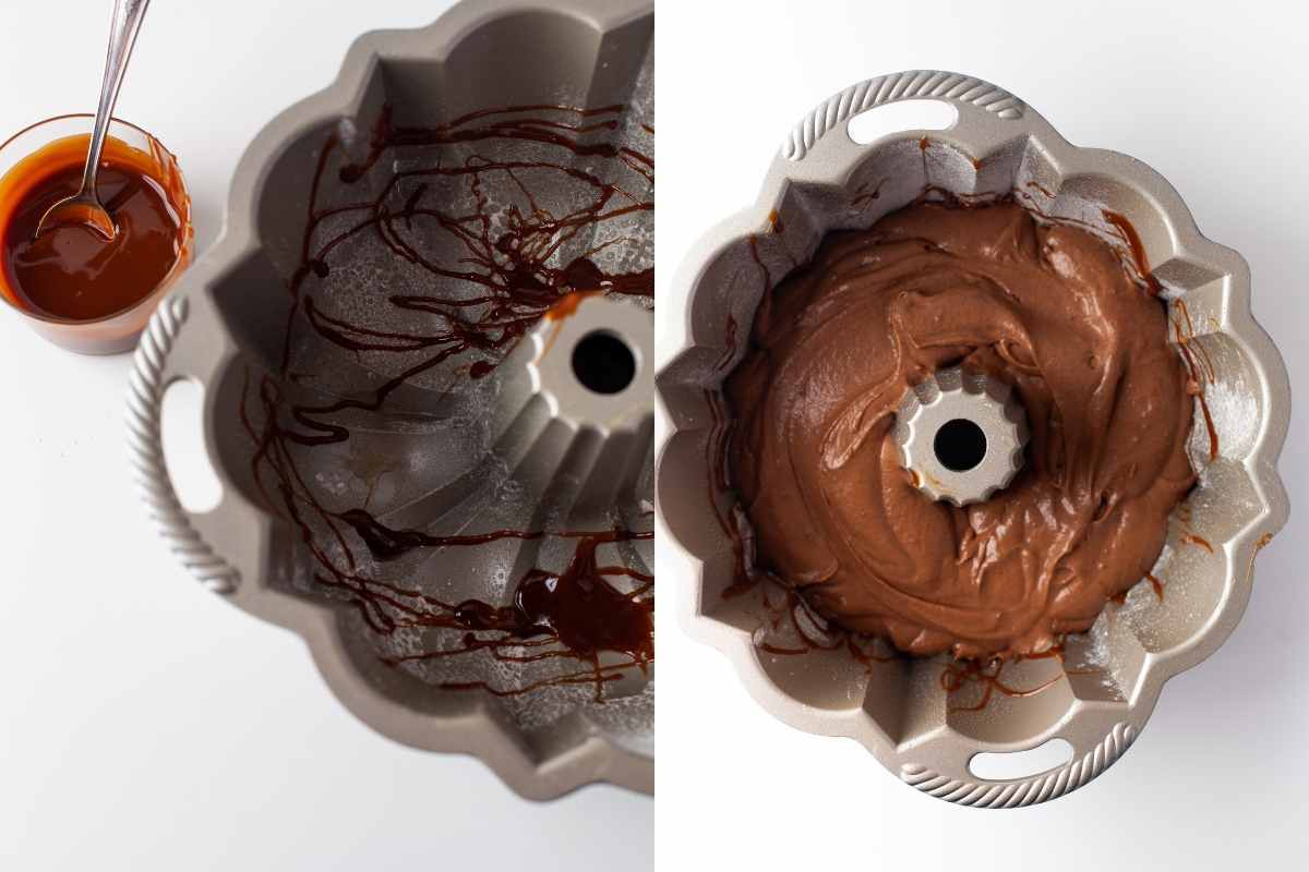 Side by side photos of cajeta in a bundt pan and chocolate cake batter in a bundt pan.