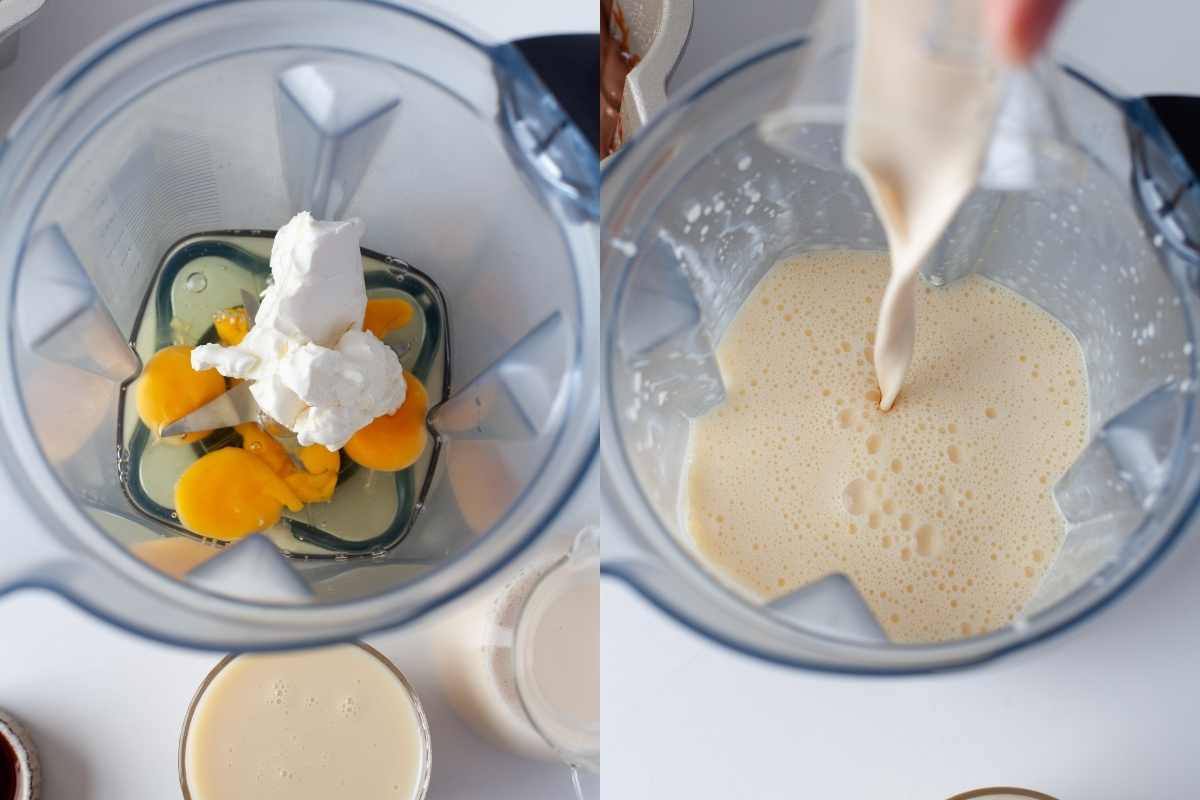 Side by side photos of eggs and cream cheese in a blender and milk pouring in the blender. 