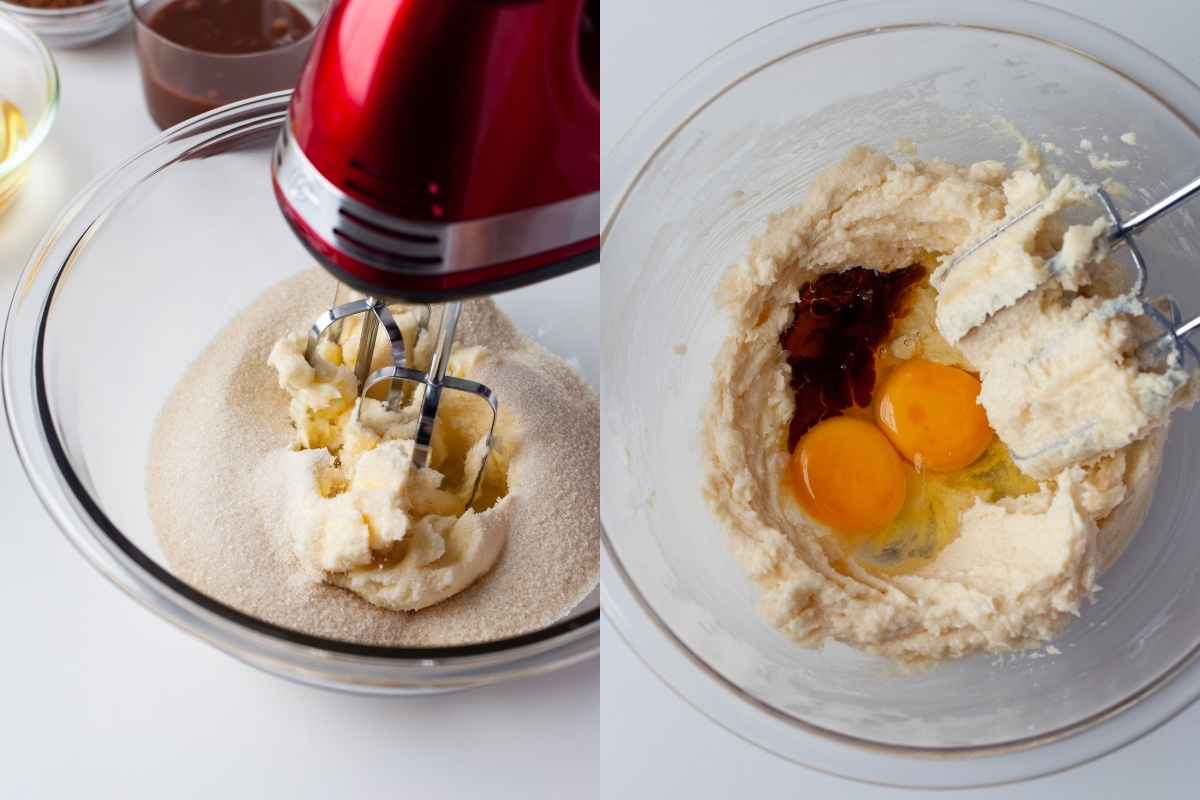 Side by side photos of butter creamed and eggs and vanilla on the creamed butter.