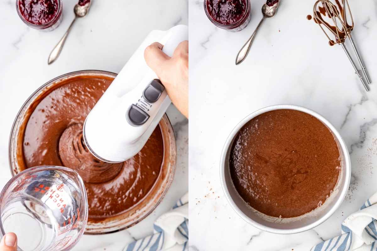 Side by side photo of water pouring into cake batter and cake batter in a cake pan.