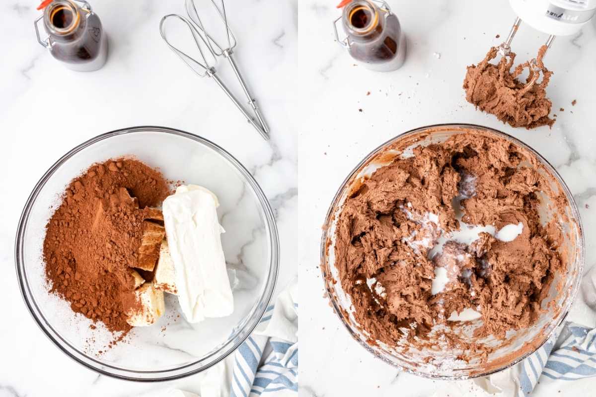 Ingredients for frosting in a glass mixing bowl next to a photo of buttercream with milk mixing in.