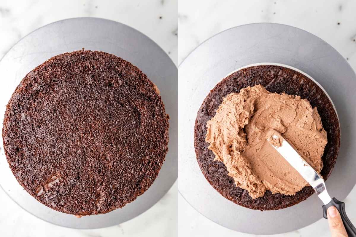 Side by side photos of a layer of chocolate cake and frosting spreading onto the cake layer. 