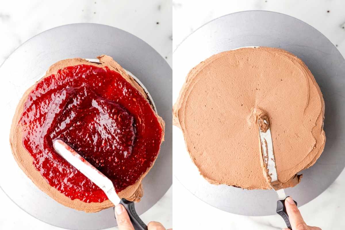 Side by side photos of raspberry jam spreading onto a cake and chocolate frosting on top of a cake.