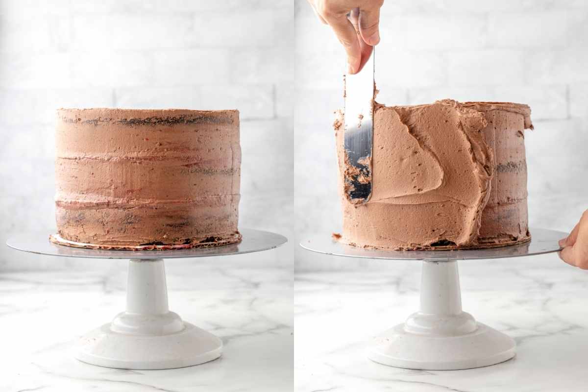 A chocolate cake with a crumb coat and a photo of smoothing frosting on a cake.