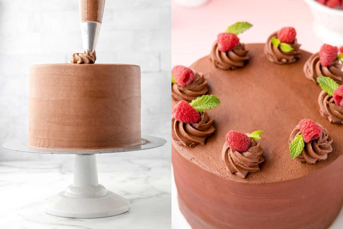 Frosting swirls being piped on a cake and raspberries topping the swirl. 