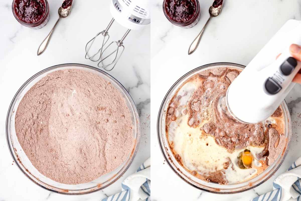 Side by side photos of dry ingredients in a mixing bowl and wet ingredients mixing into dry ingredients. 